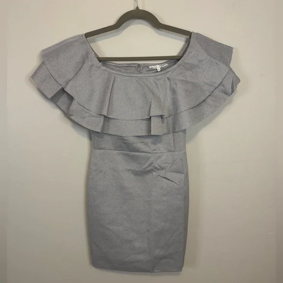 Anthropologie: After Market Off Shoulder Ruffle Grey Mini Dress Small - Picture 1 of 6